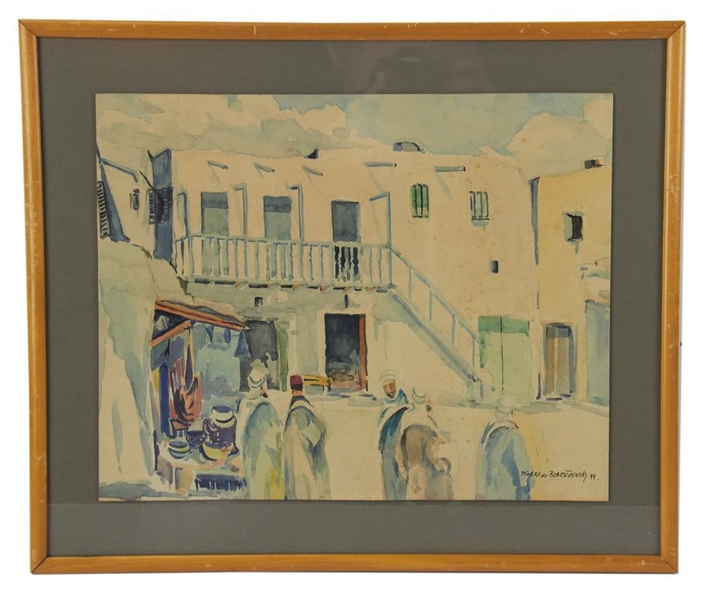 Pierr de Rogestvensky, 1944 Moroccan View, Watercolor: Pierr de Rogestvensky, 1944 Moroccan view, watercolor. Provenance: Wakefield, Massachusetts collection.
