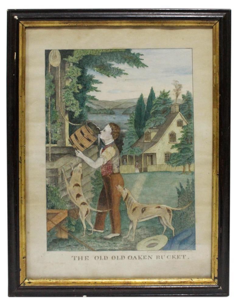 19thC Print, "The Old Oaken Bucket": 19th century, "The Old Oaken Bucket", man drinking at well with dogs nearby and farmhouse in background, print after Elijah Kellogg, signed Edward Fitzgerald L/R, 12" x 8", framed 17" x 12".