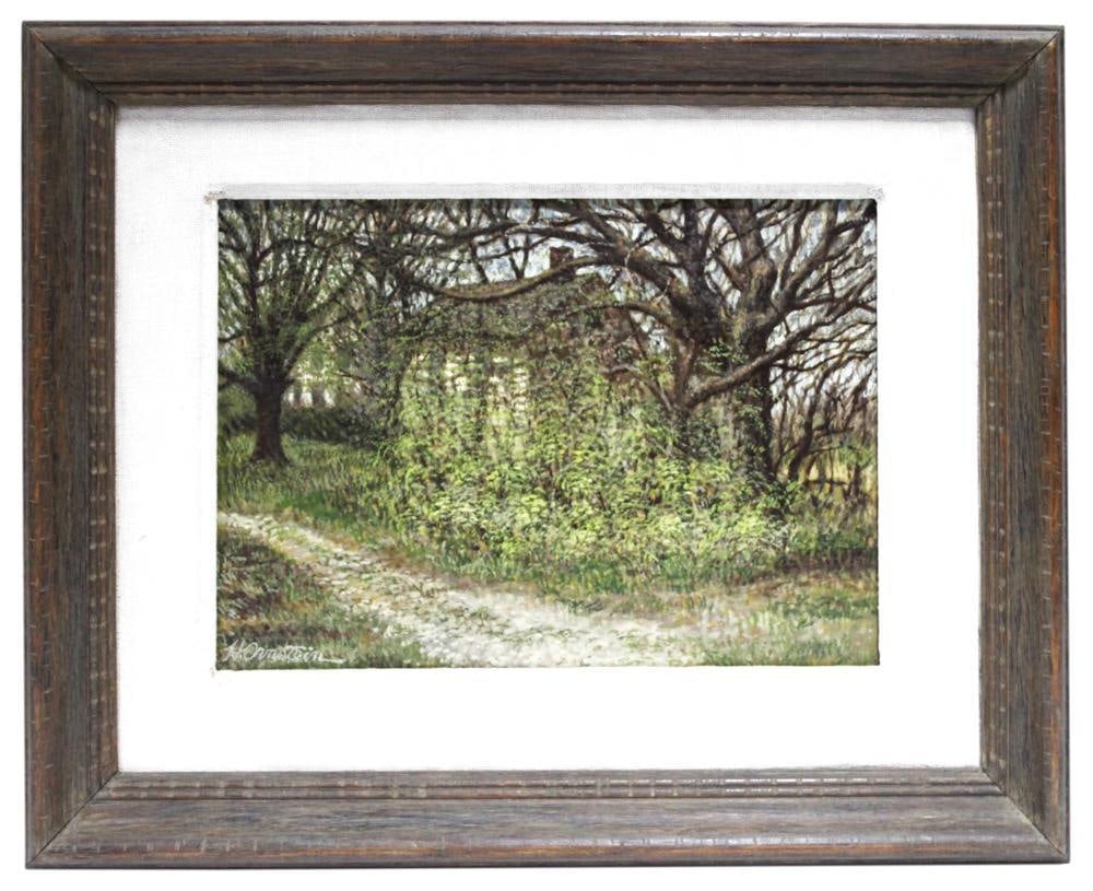 Howard Ornstein, "Early Spring", Oil on Board: Howard Ornstein, "Early Spring", serene green forest path with houses in vibrant landscape, oil on board, signed L/L, info verso, dated 1982, 10" x 13", framed 17" x 21". Provenance: Estate of Dalia
