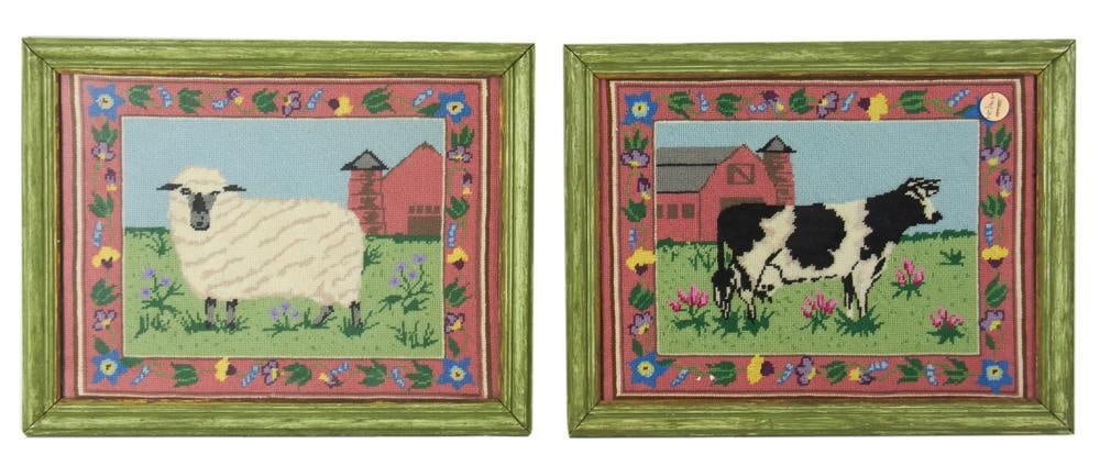 Pair of Framed Needlepoint Pictures, Cow and Sheep (1 of 8)