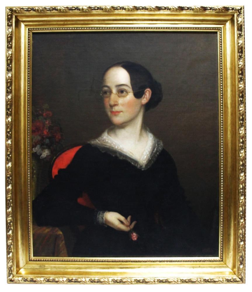 19thC, Spectacled Woman Holding Flower, Oil on Canvas: 19th century, half-length portrait of woman seated in red chair, wearing dark dress with white lace collar and spectacles and holding a small flower, oil on canvas, signed "Ross" L/R, 29" x 24",