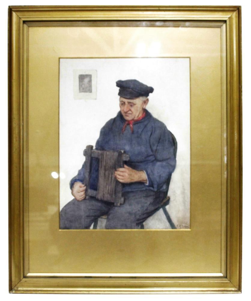 Frederick M. Evans, "Old Fisherman", Watercolor: Frederick M. Evans (British, 1859-1929), "Old Fisherman", elderly fisherman seated in simple room, working with a frame and line, watercolor, signed L/R, 11" x 9", framed 19" x 15". Provenance: