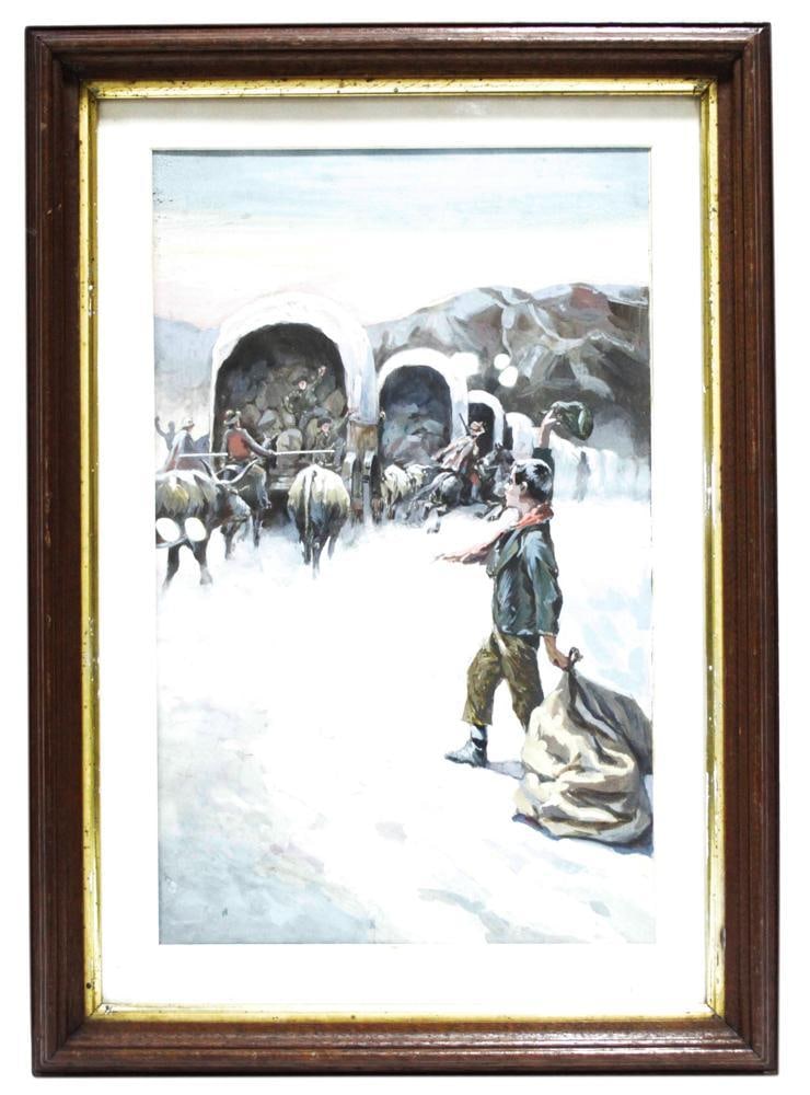 Winter Scene with Covered Wagons, Gouache on Board: Winter scene with covered wagons, oxen, and people, gouache on board, unsigned, 14" x 7", framed 18" x 13". Provenance: Estate of Dalia Zikas, Melrose, Massachusetts.