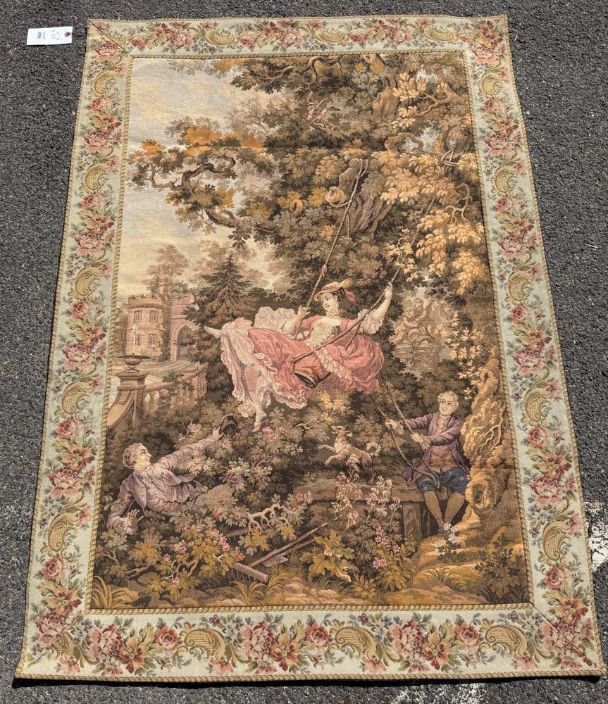French Tapestry Rug After Fragonard's "The Swing": French tapestry rug, after Fragonard's "The Swing" in the Wallace Collection, London, 4' 10" x 2' 3". Good condition. Provenance: Danvers, Massachusetts collection.