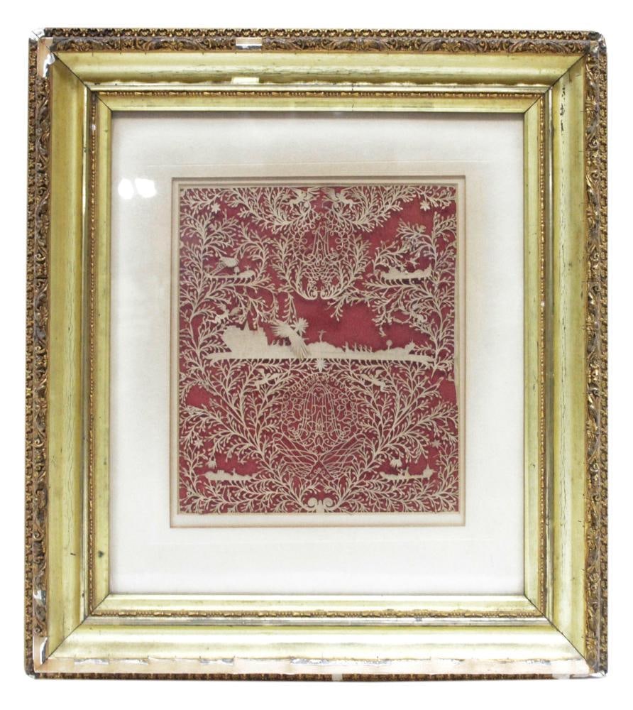 Paper Cutting Art, Scherenschnitte, Branches and Leaves: Intricate example of paper cutting art, likely a type of Scherenschnitte, with flowing patterns of branches and leaves, unsigned, 9" x 7", framed 16" x 14". Provenance: Estate of Dalia Zikas, Melrose,