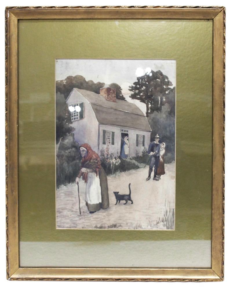 Frank V. Smith, "Black Cat Omen", Watercolor: Frank V. Smith (American, 1879-1967), "Black Cat Omen", rural New England autumn scene with house, figures, and black cat, watercolor on paper, signed L/L, info verso "Exhibition of Newspaper Artists