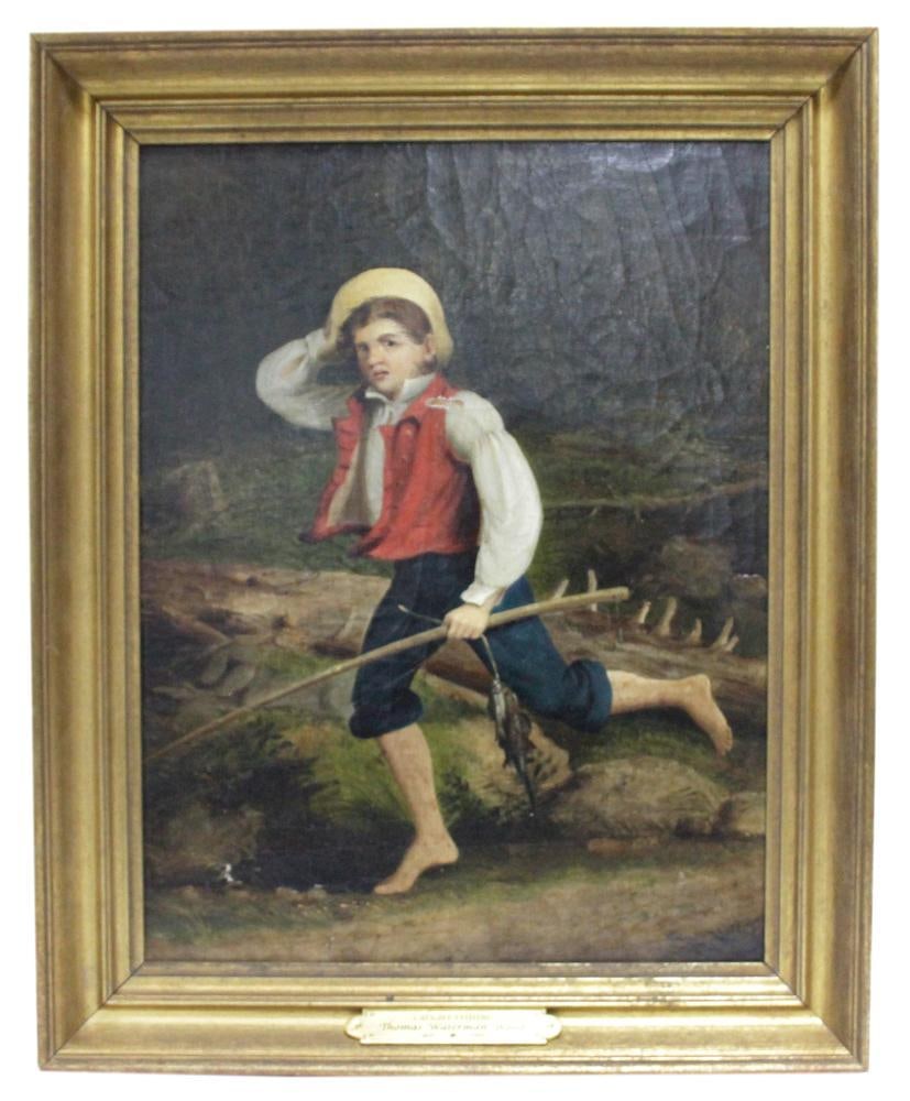 Thomas Waterman Wood, "Caught Fishing", Oil on Board: Thomas Waterman Wood (American, 1823-1903), "Caught Fishing", young boy running barefoot through wooded area with rod and fish, oil on board, signed indistinctly, 15" x 12", framed 19" x 15".