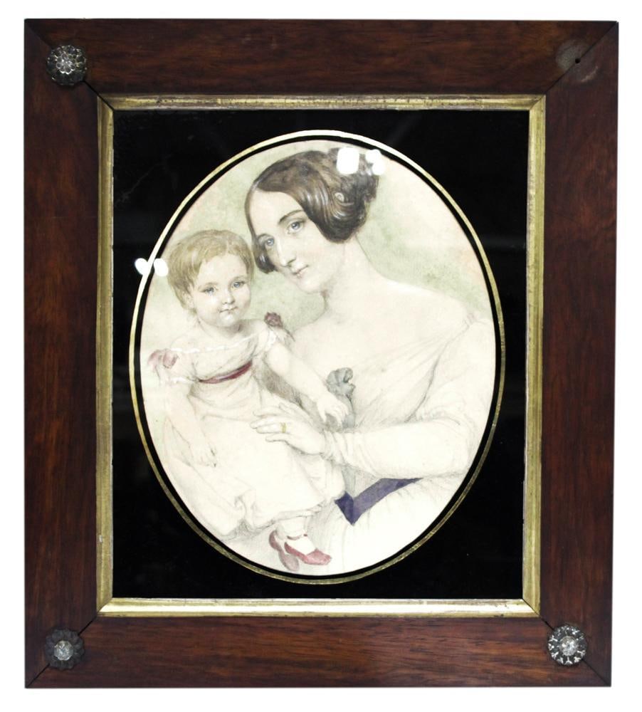 19thC, Mother and Child, Watercolor (1 of 3)