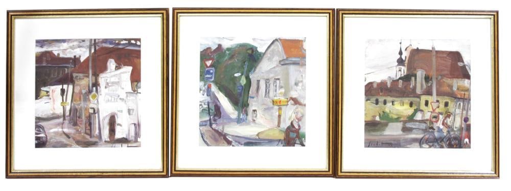 Street Corners Scenes, Oil on Board: Group of (3) lively street corner scenes with buildings, trees, traffic lights, oil on board, 9" x 9", framed 14" x 14". Provenance: Estate of Dalia Zikas, Melrose, Massachusetts.