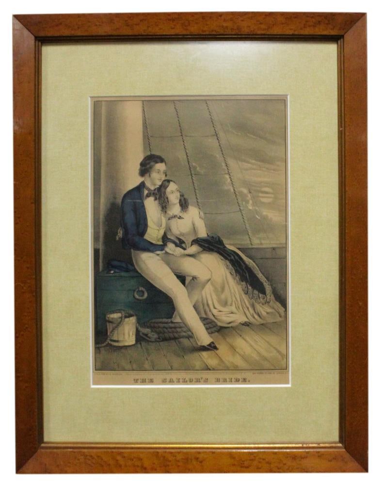 Nathaniel Currier, "The Sailor's Bride", Lithograph: Nathaniel Currier (American, 1813-1888), "The Sailor's Bride", lithograph, 1849, 12" x 8", framed 20" x 15". Provenance: Estate of Dalia Zikas, Melrose, Massachusetts.