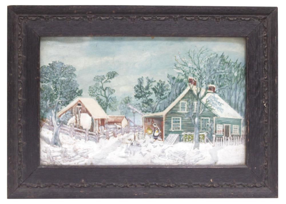 Snowy Rustic Farm Scene, Oil on Board (1 of 3)