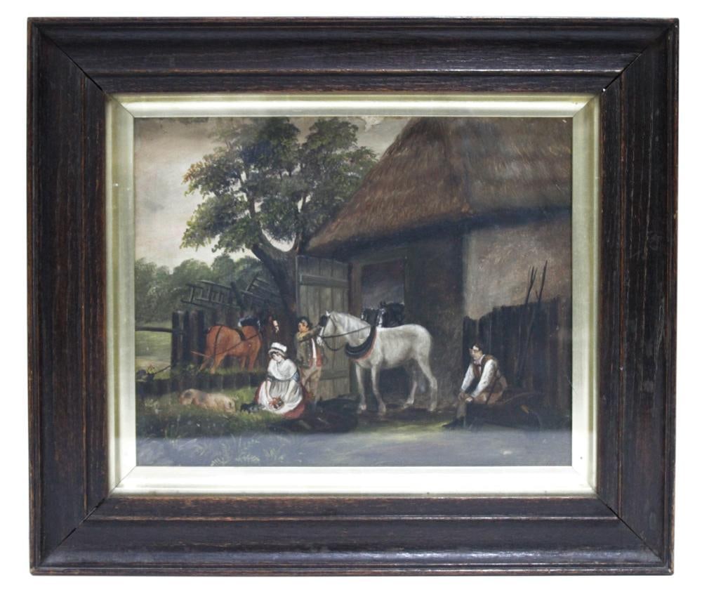 Late 20thC, Country Folk Attending to Animals, Oil on Board: Late 20th century, rural scene with country folk attending to a horse and a sow with her piglets, oil on board, unsigned, 10" x 12", framed 14" x 16". Provenance: Estate of Dalia Zikas, Melrose, Massa