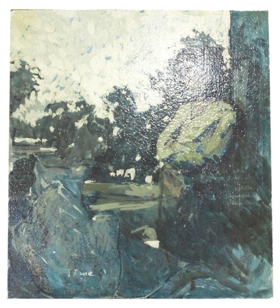 Stine, Woman and Cat on Veranda, Oil on Board: Stine, woman in green and cat on veranda, oil on board, signed L/L and dated 70, 14" x 12".