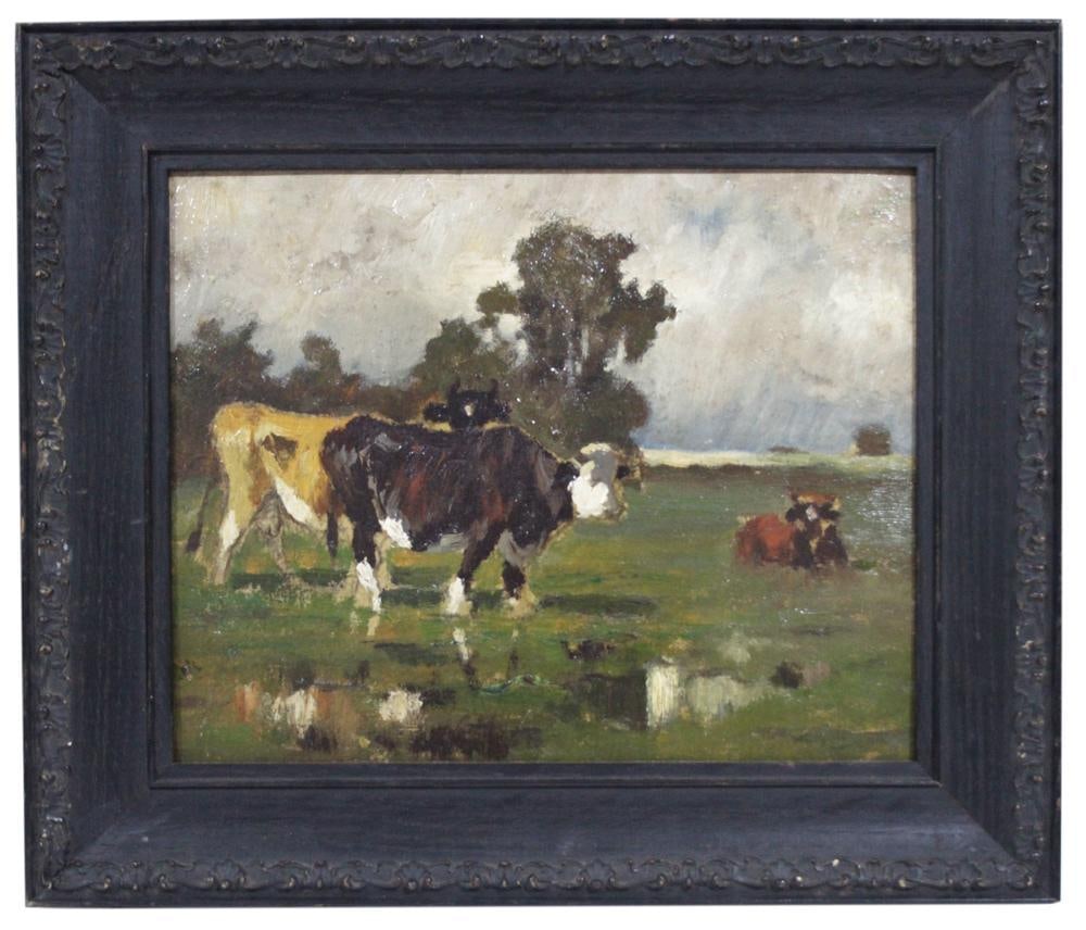 Cows in a Landscape Near Water, Oil on Board: Cows in a landscape near body of water, oil on board, unsigned, 8" x 10", framed 12" x 14". Provenance: Estate of Dalia Zikas, Melrose, Massachusetts.