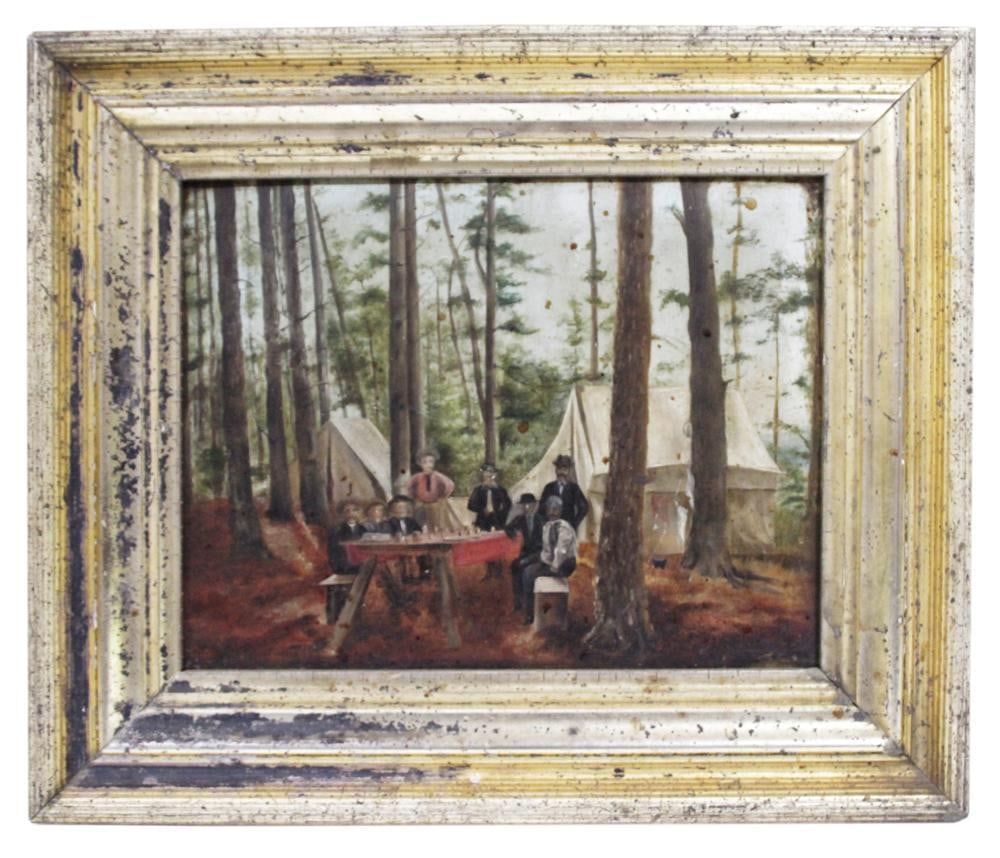 19thC American Camping Scene, Oil on Board (1 of 3)
