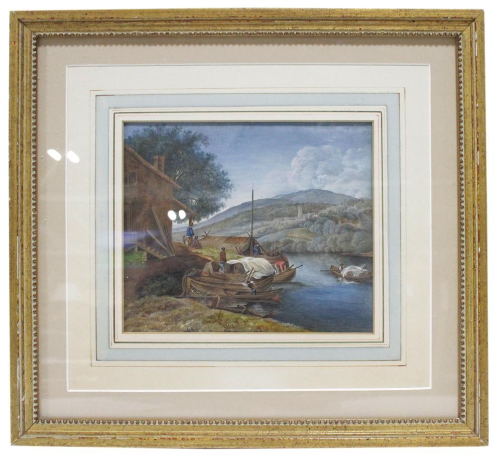 River Scene, Figures Loading Cargo, Watercolor: River scene with figures loading cargo onto boats, with village and hills in the background, watercolor, text verso "Signed 'Kobel' on back of painting", 6" x 7", framed 12" x 13". Provenance: Estate