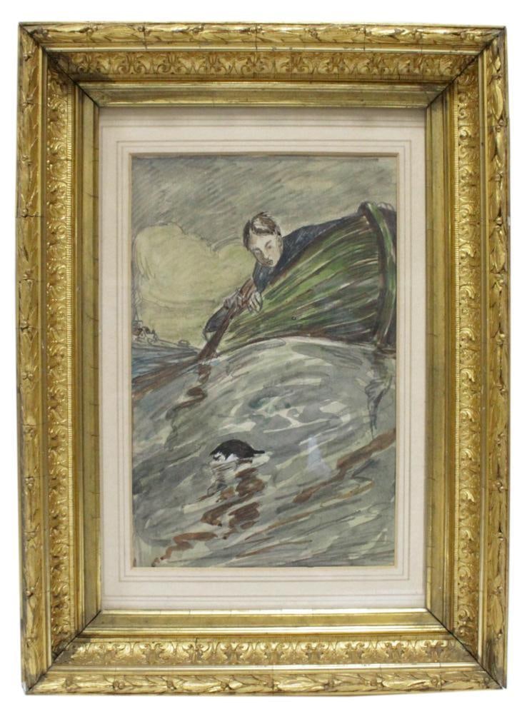 Man in Weathered Rowboat and Man in Water, Watercolor: Powerful portrayal of man in weathered rowboat and man in water, against a somber background, watercolor, unsigned, 10" x 6", framed 16" x 11". Provenance: Estate of Dalia Zikas, Melrose,