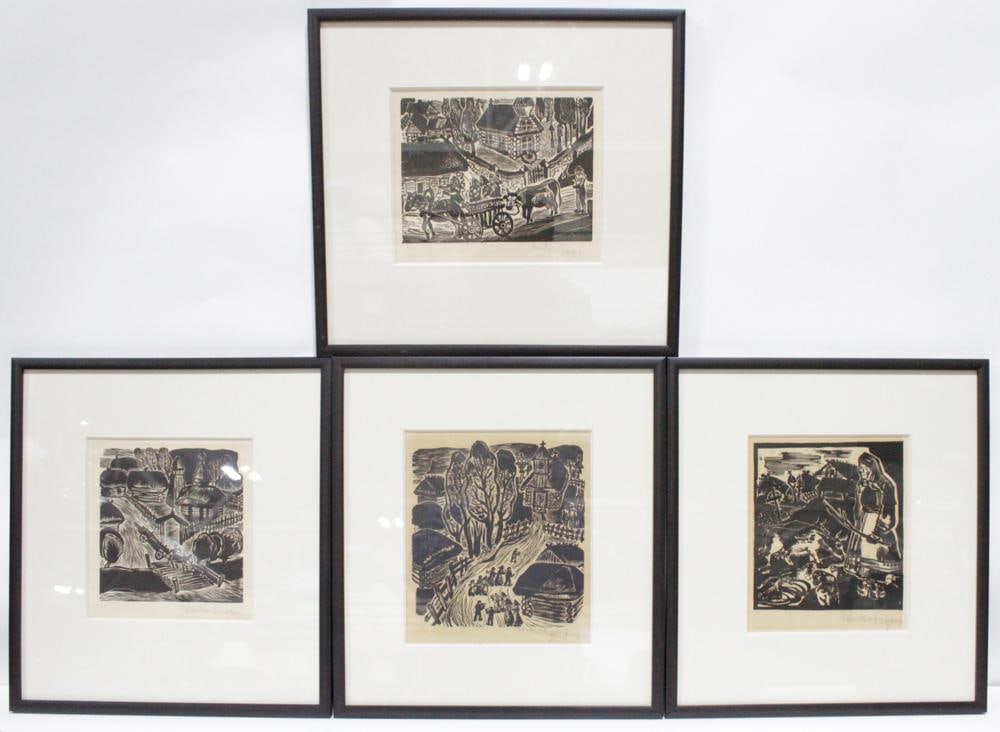 Paulius Augius, Lithuanian, Linocut Relief Printing Artworks: Paulius Augius (Lithuanian, 1909-1960), set of (4) linocut relief printing artworks depicting village scenes with people, traditional buildings, and trees, signed L/R, (3) 9" x 8", framed 17" x 16",
