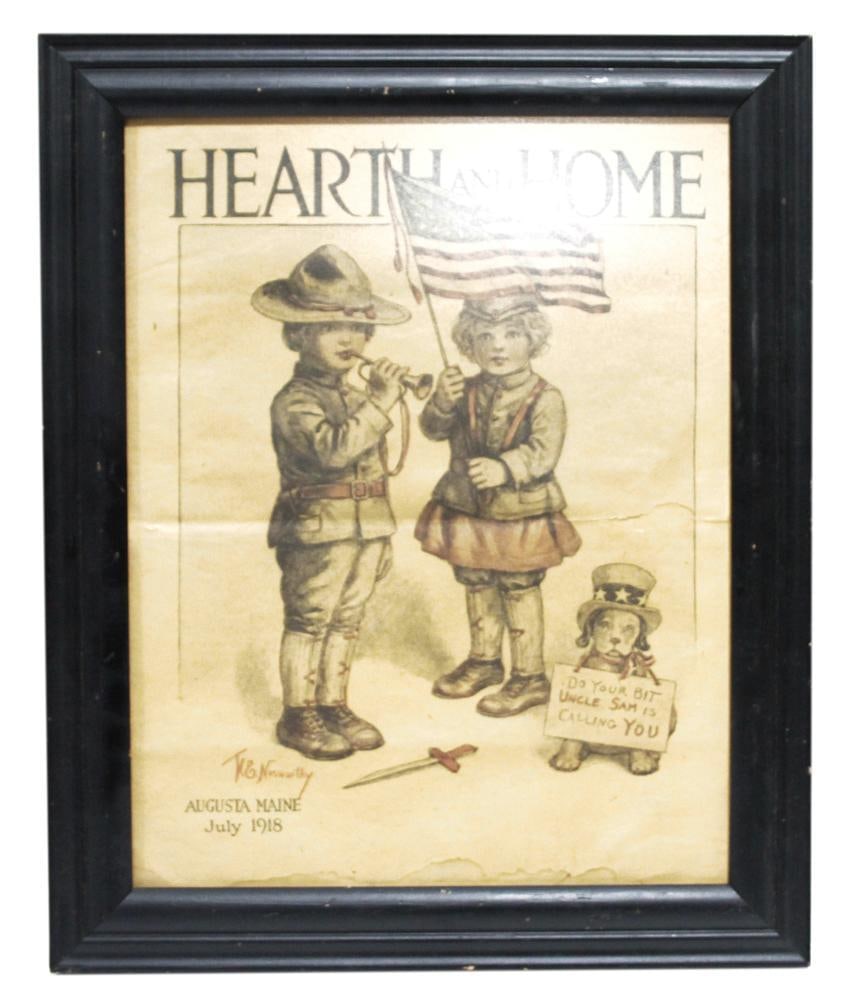 Illustration From Hearth and Home, 1918, WWI Imagery: Illustration from Hearth and Home publication dated July 1918, Augusta, Maine, featuring patriotic imagery associated with the WWI era, 13" x 10", framed 16" x 13". Provenance: Estate of Dalia Zikas,