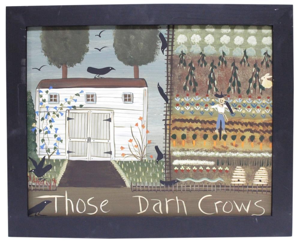 Harry G. Gregory, Sr., "Those Darn Crows", Acrylic on Board: Harry G. Gregory, Sr., charming rural scene with house and black birds, titled "Those Darn Crows", house paint and acrylics on board, signed verso and dated 1994, 13" x 17", framed 17" x 20".