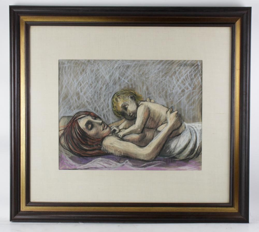 A. Rufregier, Mother and Child, Pastel Drawing: A. Rufregier, mother and child, pastel drawing, 1967. Provenance: Brookfield, Connecticut.