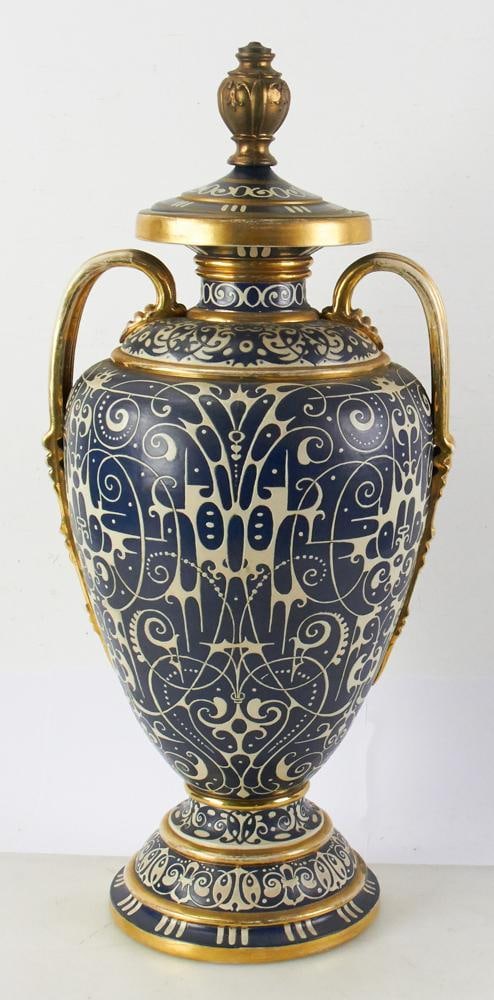 19thC Mettlach Urn, Scroll-Decorated Stoneware: 19th century Mettlach urn, dark blue and white scroll-decorated and incised stoneware, 25" H. Provenance: Watertown, Massachusetts collection.
