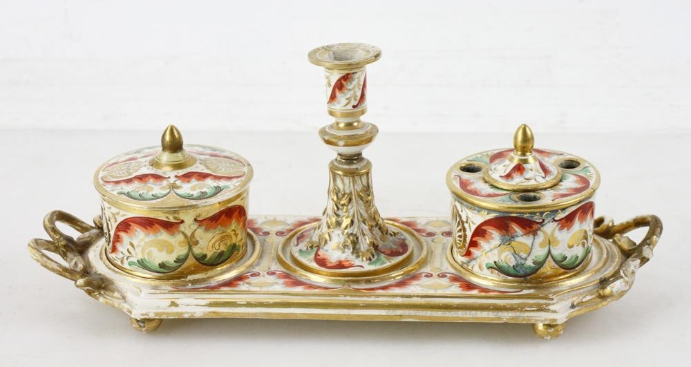 English Crown Derby Ink Stand: English Crown Derby ink stand, 5" x 11 1/2". Provenance: Old Chicago family.