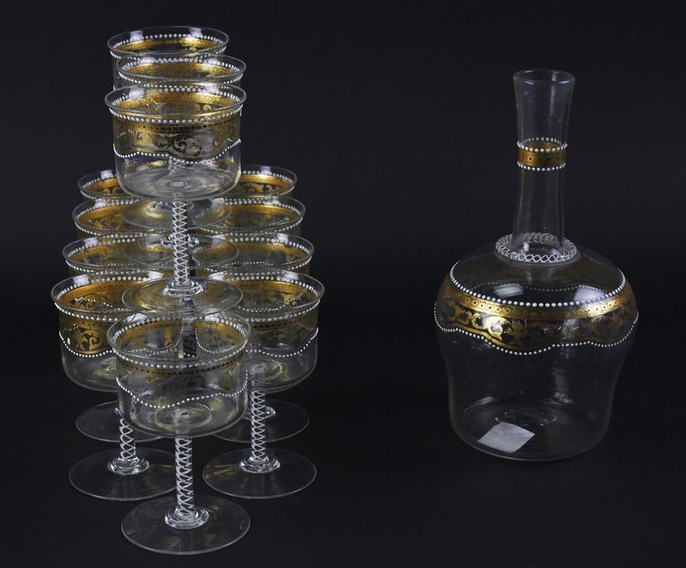 Attributed to Salviati, Venetian Glass Stemware: Attributed to Salviati, Venetian glass stemware and decanter, 9" x 5", (13) pieces total. Provenance: Essex, Massachusetts collection.