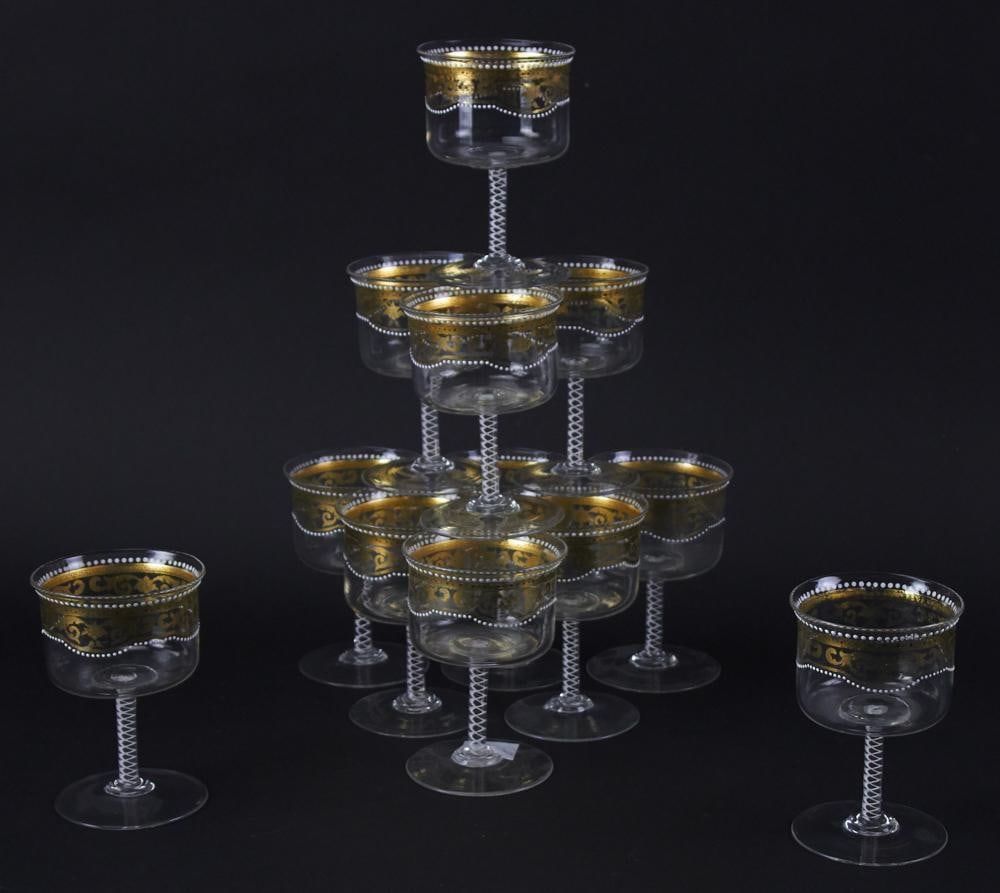 Attributed to Salviati, Venetian Glass Stemware: Attributed to Salviati, Venetian glass stemware, 4" x 3", (12) pieces total. Provenance: Essex, Massachusetts collection.