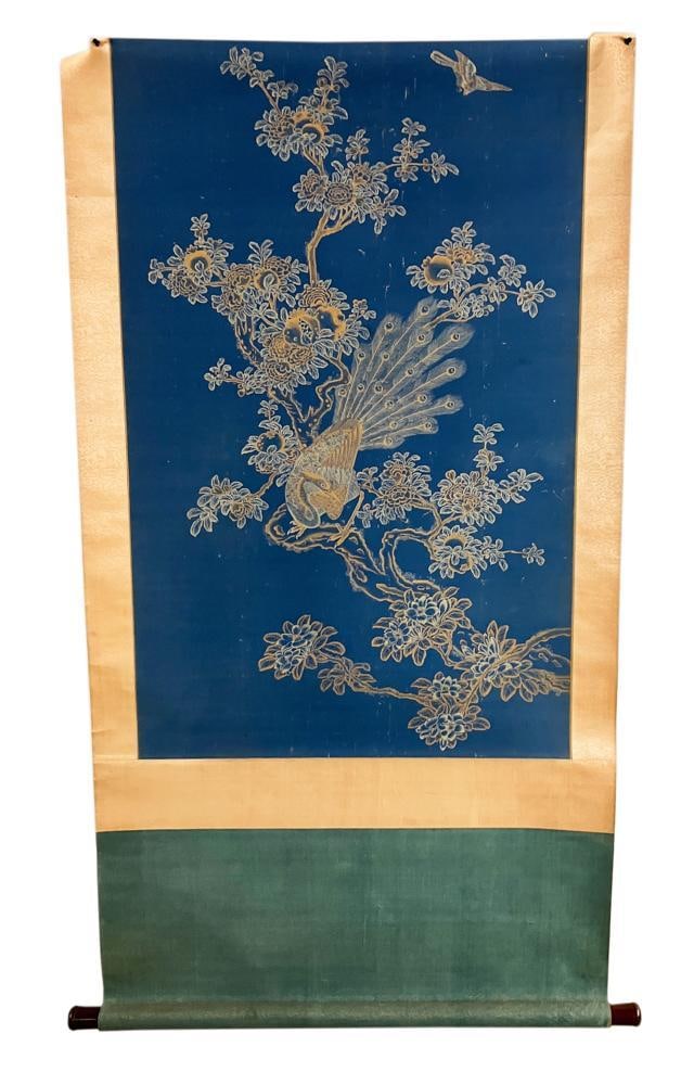Old Japanese Blue, White, and Gold Floral Scroll: Old Japanese blue, white, and gold floral scroll, 48" x 30". Provenance: Old Chicago family.