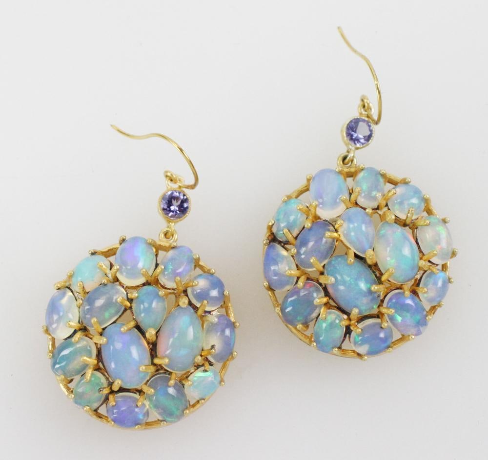 Pair of 9k Gold, Gilt Sterling, Opal and Tanzanite Earrings (1 of 9)