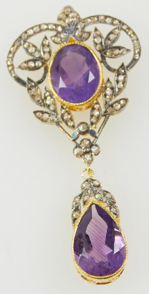 Sterling, Diamond, and Amethyst Pendant with 14k Bail: Sterling, diamond, and amethyst pendant with 14k bail, (70) rose cut diamonds, approximately 1.14 ctw, amethysts approximately 7.0 ctw, 2" H x 1" W. Approximately 4.3 grams TW. Provenance: Bangkok,