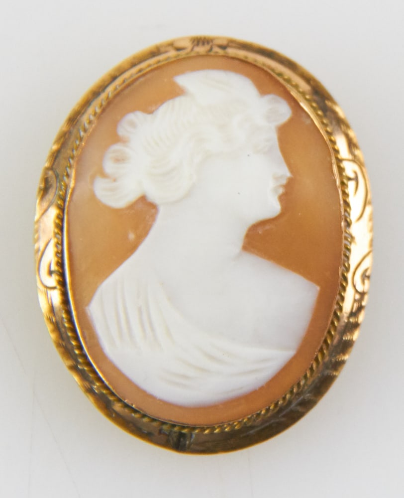 Shell Cameo in Gold Fill Frame Brooch/Pendant: Shell cameo in gold fill frame brooch/pendant, 1 1/2" H x 1 1/4" W. Provenance: Palm Beach, Florida estate.