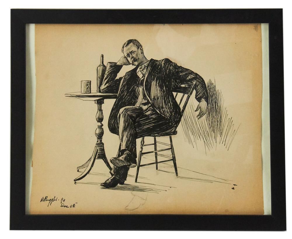 A. Ruggles, Ink Illustration, Man Seated at Table (1 of 4)