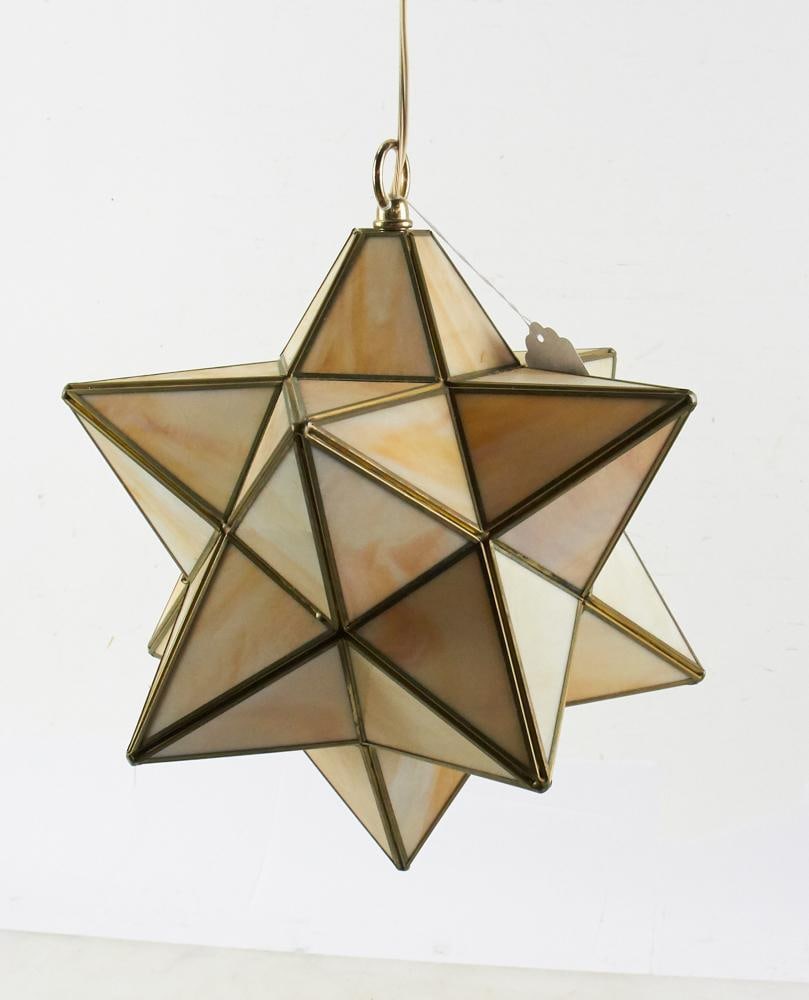 Slag Glass Star-form Hanging Light: Slag glass star-form hanging light, approximately 15" diameter. Good condition. Provenance: Estate of Dalia Zikas, Melrose, Massachusetts.