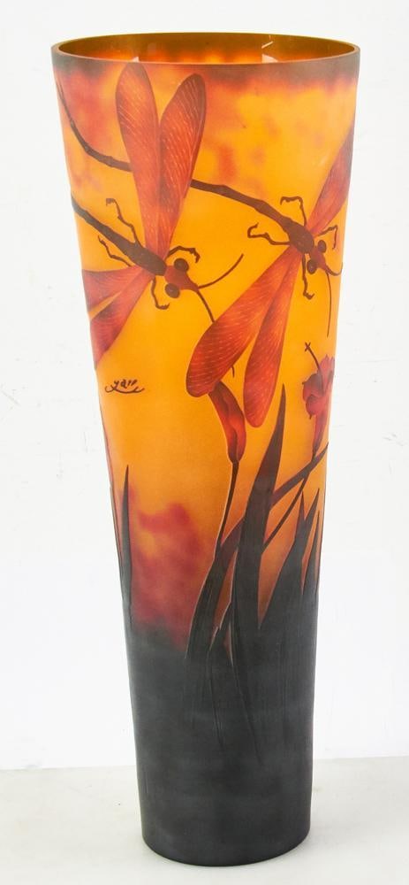 Art Nouveau Style Cameo Glass Vase Signed Galle: Art Nouveau style cameo glass vase, dragonfly motif, signed Galle, 21" H x 7 1/2" top diameter. Good condition. Provenance: Estate of Dalia Zikas, Melrose, Massachusetts.