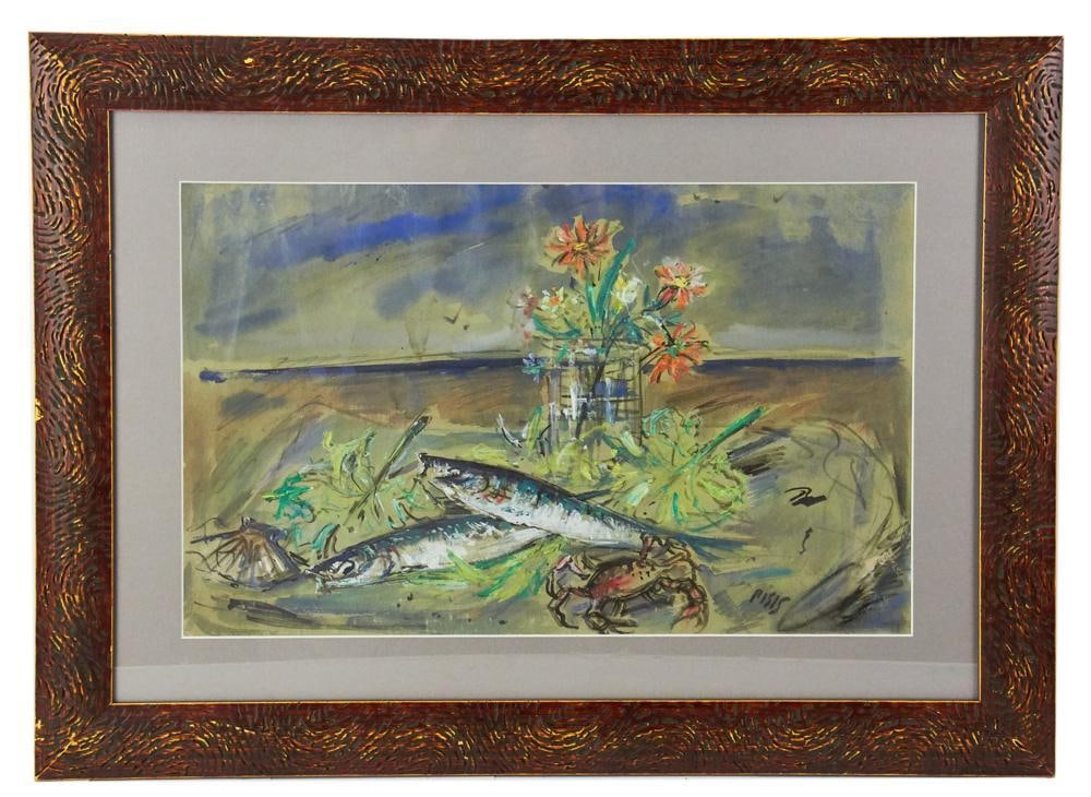 Pisis, Fish and Crabs on the Beach, Watercolor Gouache: Pisis, fish and crabs on the beach, watercolor gouache, signed, 14" x 22", framed 23" x 31". Provenance: Hollywood, Florida collection.