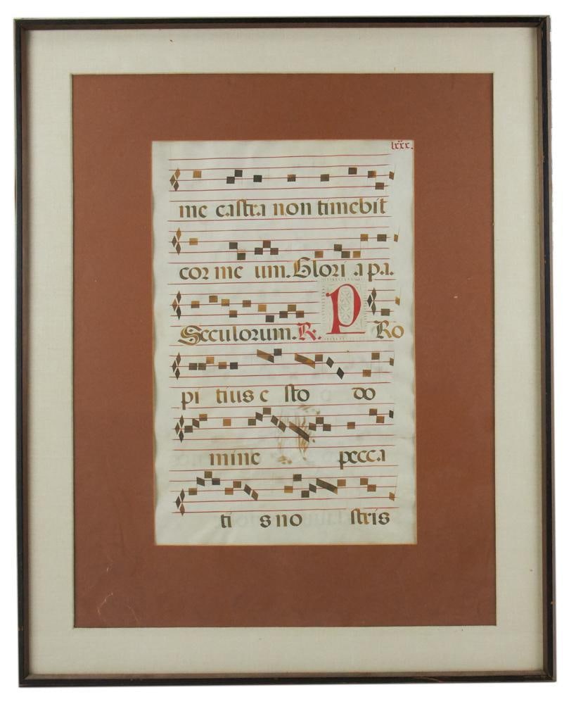 18th/19thC Illuminated Manuscript, Liturgical Chant: 18th/19th century illuminated manuscript, appearing to be part of a liturgical chant, 18" x 12" (image), framed 30" x 24". Provenance: Beverly, Massachusetts collection.