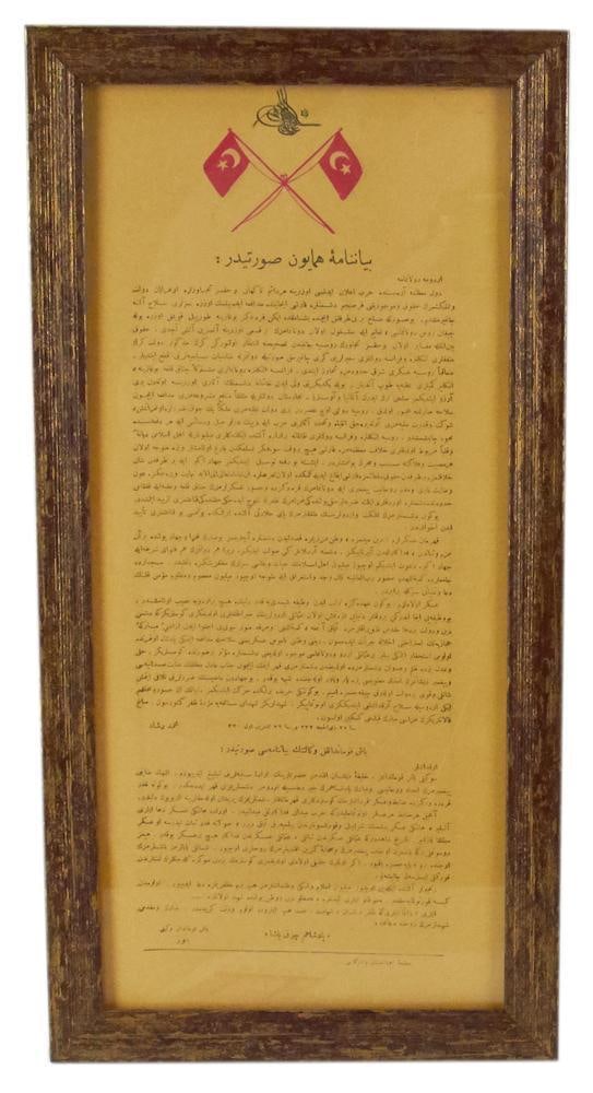 Turkish WWI Gallipoli Era Ottoman Mobilization Order: Turkish WWI Gallipoli era Ottoman mobilization order, framed 21" x 11". Provenance: Winchester, Massachusetts collection.