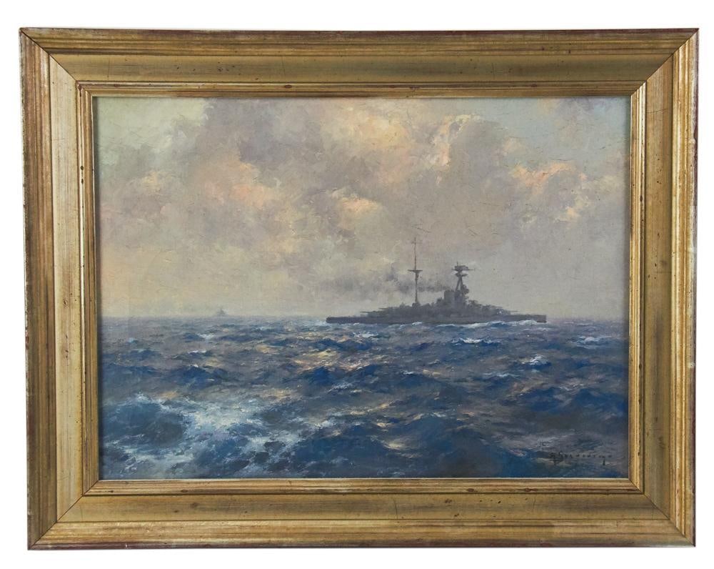 British Battleship at Sea, Oil on Canvas: British battleship at sea, oil on canvas, signed indistinctly L/R, 13" x 18", framed 17" x 21".