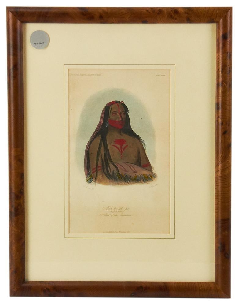 1842 Catlin Colored Print of Mandan Chief Mah-to-toh-pa: 1842 George Catlin colored print of Mandan Chief Mah-to-toh-pa, framed 15" x 12". Provenance: Winchester, Massachusetts collection.