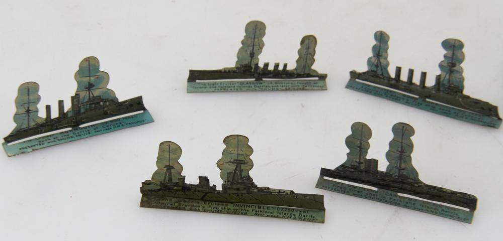 WWI British Tin Toy Warships from "Chums" Magazine: WWI British tin toy warships from "Chums" magazine of battleships involved in the naval battles of Coronel and the Falklands, 1914, including cruisers "Monmouth", "Good Hope", "Invincible",