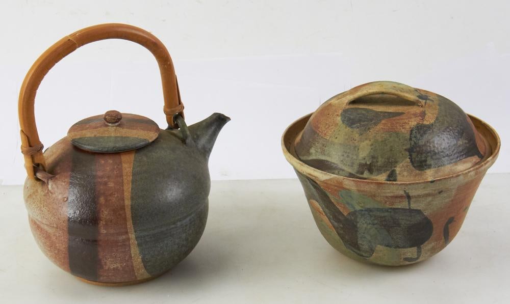 Depot Creek Studio Art Pottery Teapot and Covered Bowl: Depot Creek studio art pottery teapot and covered bowl, signed on bottom, bowl approximately 7" H (to top of lid) x 8 3/4" diameter. Both in good condition. Provenance: Estate of Dalia Zikas, Melrose,