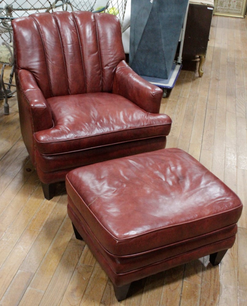 Custom Maroon Leather Armchair with Ottoman (1 of 2)