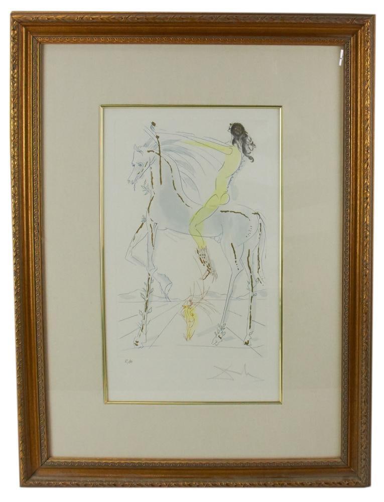 Salvador Dali, "Nude on Horseback", Drypoint Etching: Salvador Dali (1904-1989), "Nude on Horseback", drypoint etching, signed in pencil, 16" x 10" (image), in custom frame 31" x 23 1/2". Provenance: Lowell, Massachusetts collection.