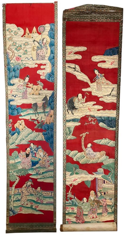 Pair of Large and Rare 19thC Chinese Kesi Panels: Large pair of 19th century Chinese kesi panels decorated with scene of a group of immortals wishing for a birthday, on a red background. 83" H x 18" W. Provenance: From Dr. Stephen Chen Collection, So