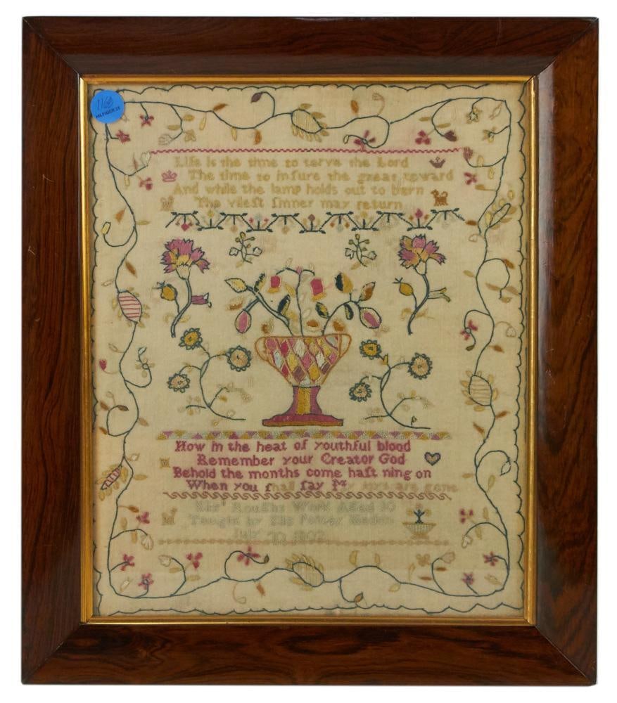 1802 Needlework, Eliz Roush, in Rosewood Frame: 1802 needlework, Eliz Roush, Age 10, 16 x 13", in rosewood frame 20" x 17". Provenance Sotheby's 1998, lot 435. Provenance: The Susie Hilfiger Collection.