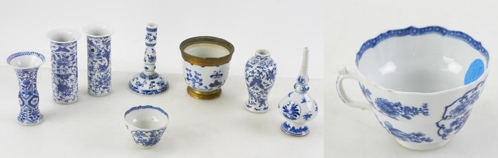19thC Chinese Vases, Cups, Bowls: 19th century Chinese vases, cups, bowls, etc., (9) pieces, tallest 7 1/2". Some rim chips. Provenance: The Susie Hilfiger Collection.