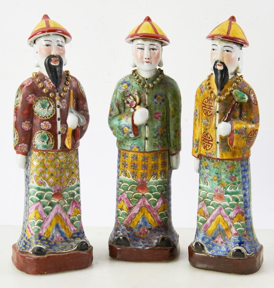Vintage Chinese Porcelain Figures: Group of (3) vintage Chinese porcelain figures, possibly depicting scholars, etc., Famille Rose style. Provenance: Rockport, Massachusetts collection.
