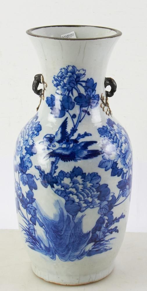 19thC Chinese Blue and White Floral and Bird Motif Vase: 19th century Chinese blue and white floral and bird motif vase, 18" x 7". Provenance: Wells, Maine collection.